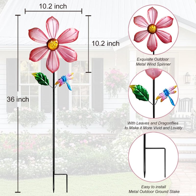 Senflame Metal Outdoor Flower Wind Spinner with Pink Floral & Gold Dragonfly, Decorative Kinetic Wind Sculpture for Yard, Garden, Patio, Lawn - Vibran Garden Art & Lawn Ornament for Outdoor Decor - Image 3